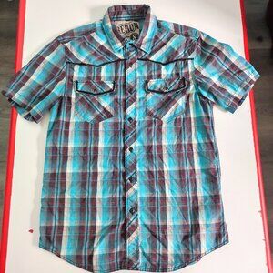 Rerun casual button down shirt men's size S blue grey plaid short sleeve western